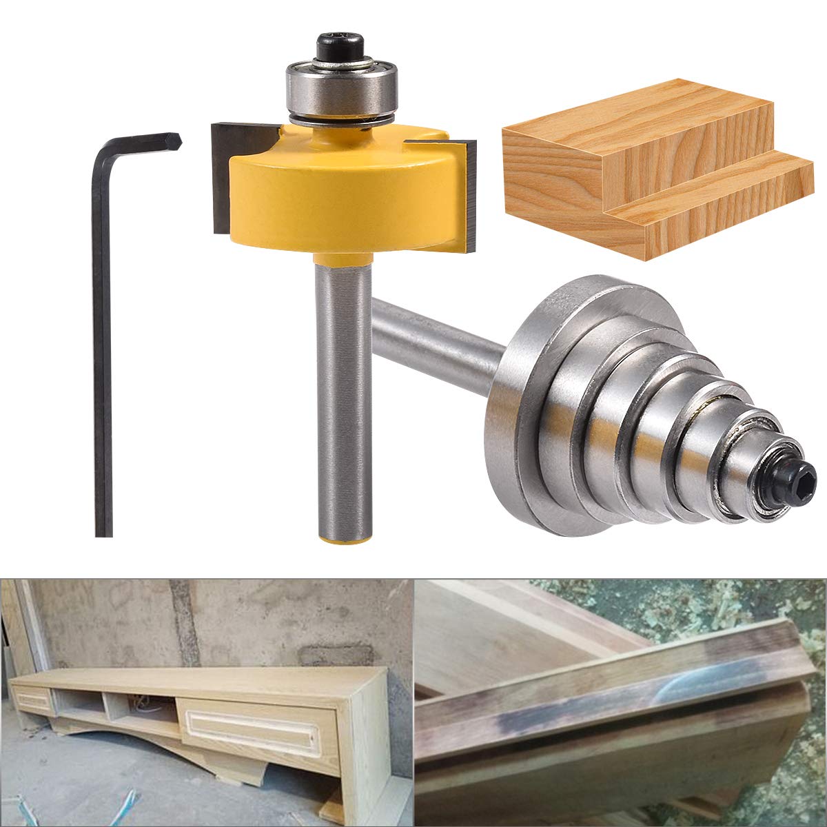 Punta per router con battuta KATUR con set di cuscinetti intercambiabili 6 dimensioni per profondità multiple, inclusi 1/8", 1/4", 5/16", 3/8", 7/16", 1/2" sei dimensioni (1/4" Shank)