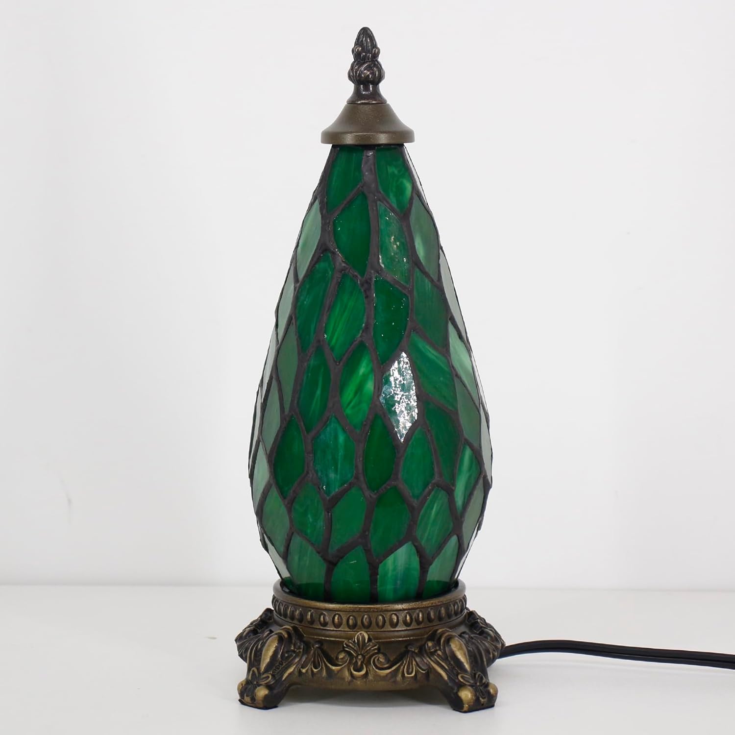 Small Tiffany Lamp Stained Glass Table Lamp 5.5X11 Inch Christmas Tree Lighthouse Mini Accent Memory Sympathy Antique Night Light for Bedroom Living Room (Green Wisteria)
