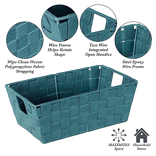 Image of Simplify Small Shelf Woven Strap Tote | Decorative Storage Basket | Built in Handles | Organization | Closet | Bedroom | Bathroom | Nursery | Accessories | Toys | Gifts | 4 Pack | Sapphire