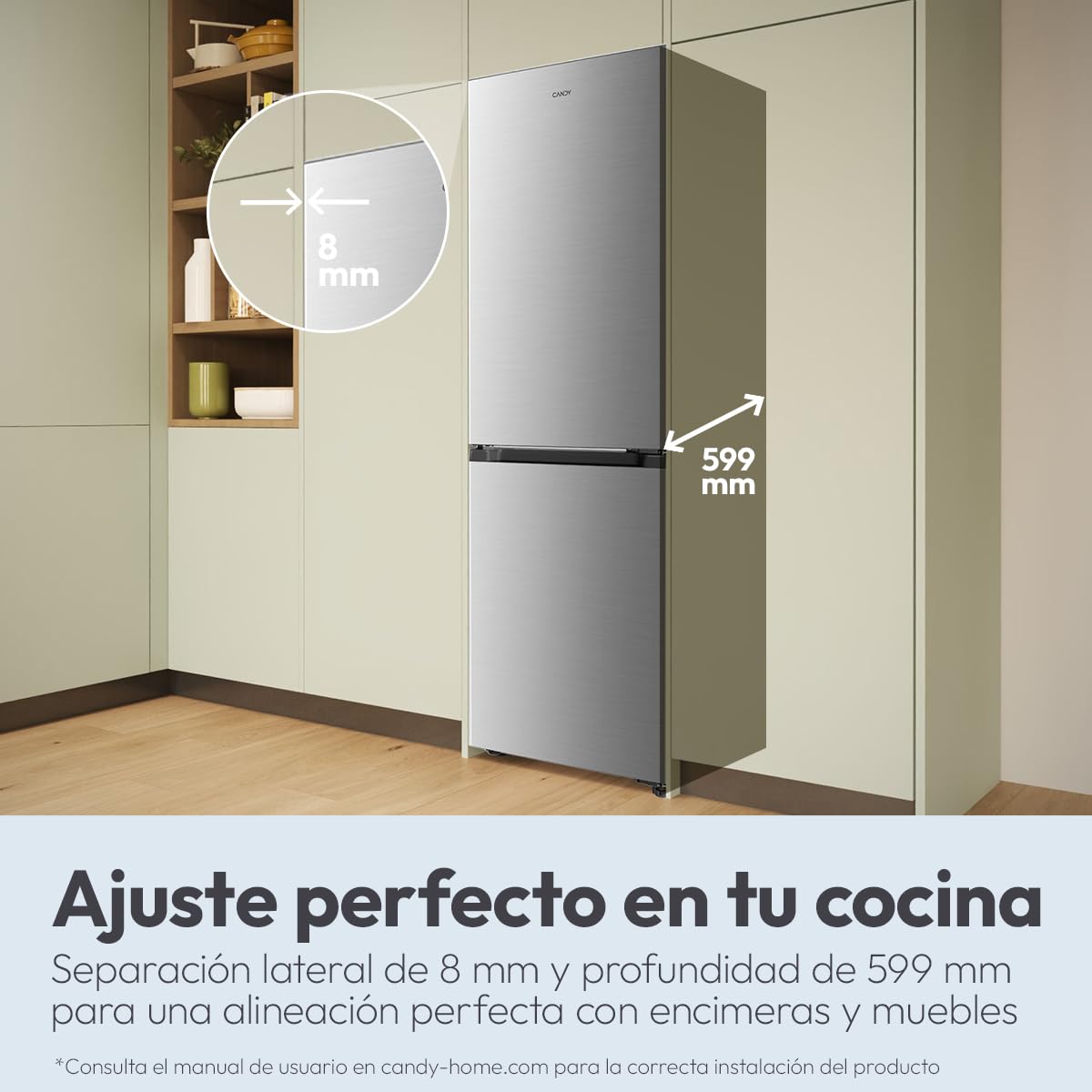CANDY Fresco Style CNCQ2T6S18DX, Frigorífico Combi, Ancho 59,5cm, Altura 185cm, 315L, Total No Frost, Motor Inverter, Cajón Humidity, Control Digital Interno, Luz LED, Puertas Reversibles, Inox