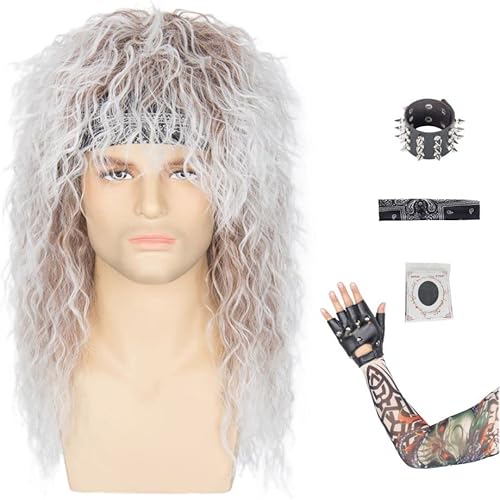 Miss U Hair 80s Wig Men Women Rocker Costume Set Stretchable Headband Tattoo Sleeve Studded Wristband Glove