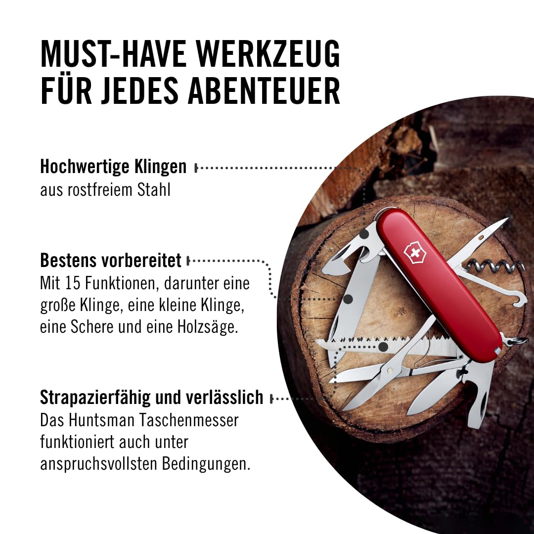 Victorinox Schweizer Taschenmesser Huntsman, Multitool, Swiss Army Knife mit 15 Funktionen, Klinge, Korkenzieher, Dosenöffner, Rot