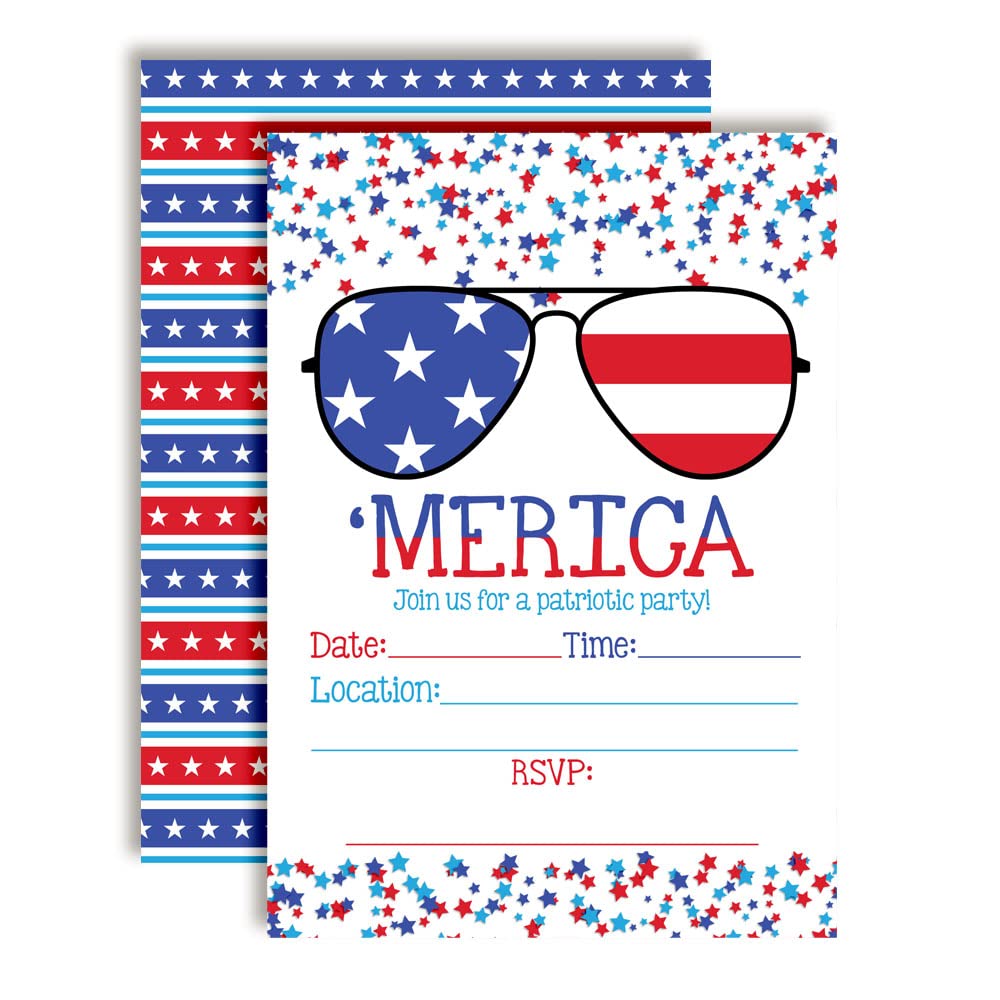 Amanda Creation MERICA Patriotic Party Invitations, 20 5x7 Fill In Cards with Twenty White Envelopes