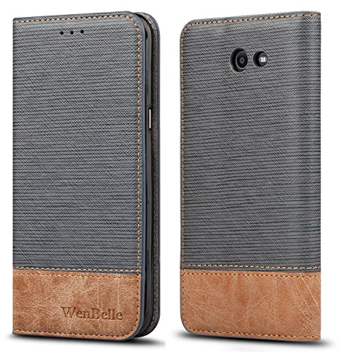 WenBelle for Galaxy J7 Case, [Blazers Series] Stand Feature,Double Layer Shock Absorbing Premium Soft PU Color Matching Leather Wallet Cover Flip Cases for Samsung Galaxy J7(2017)(Grey)