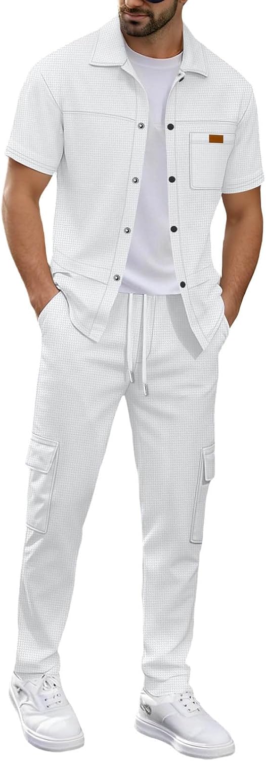 Men's 2 Piece Waffle Knit Track Suit Set Casual Short Sleeve Button Down Shirt Athletic Jogging Suits Outfits