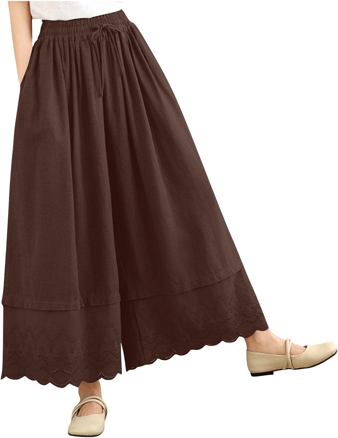 Women Cotton Pants Baggy High Elastic Waist Wide Leg Lace Palazzo Pants Casual Fashion Vintage Fall Lantern Trouser