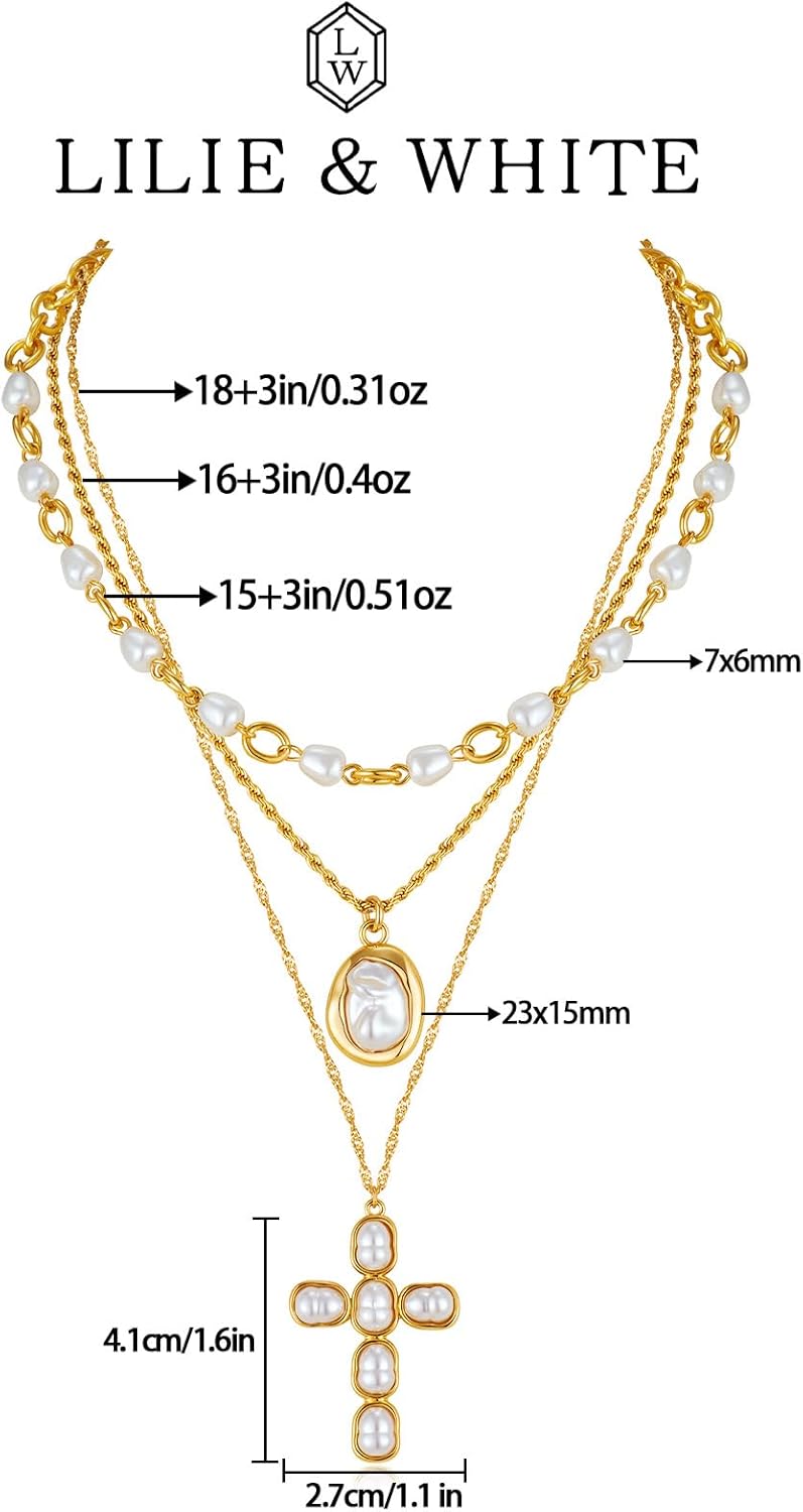 LILIE&WHITE Gold Layered Necklace for Women Chic Imitation Pearl Cross Necklaces Stackable Multi Strand Necklace Jewelry Gift - Image 6