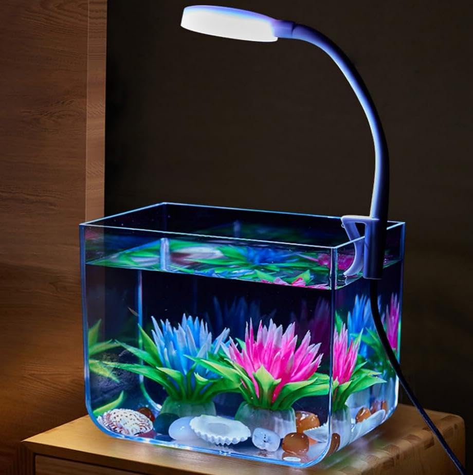 Aptliton Aquarium Fish Tank with Clip on Lamp, Transparent Aquarium Tank for Goldfish, Shrimp, Betta Fish, Desktop Fish Tank Kit Decorative for Living Room Office, 13x13x15 cm