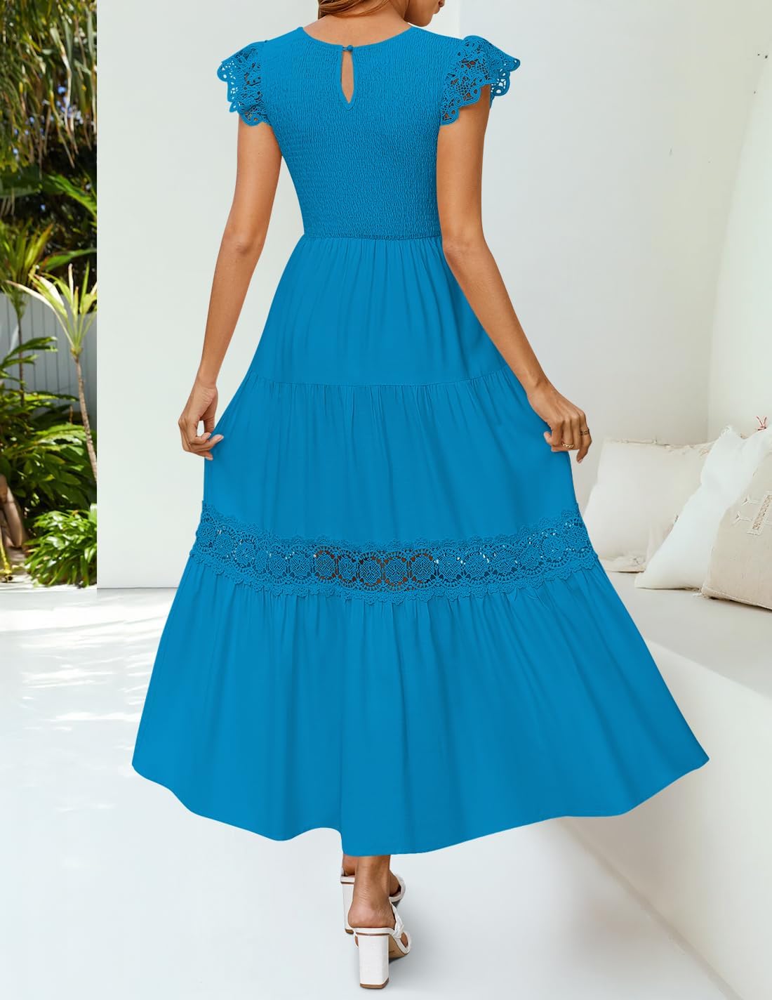 ZESICA Women's Casual Crew Neck Flutter Sleeve Smocked High Waist Hollow Out Lace Trim Tiered A Line Midi Dress - Image 4