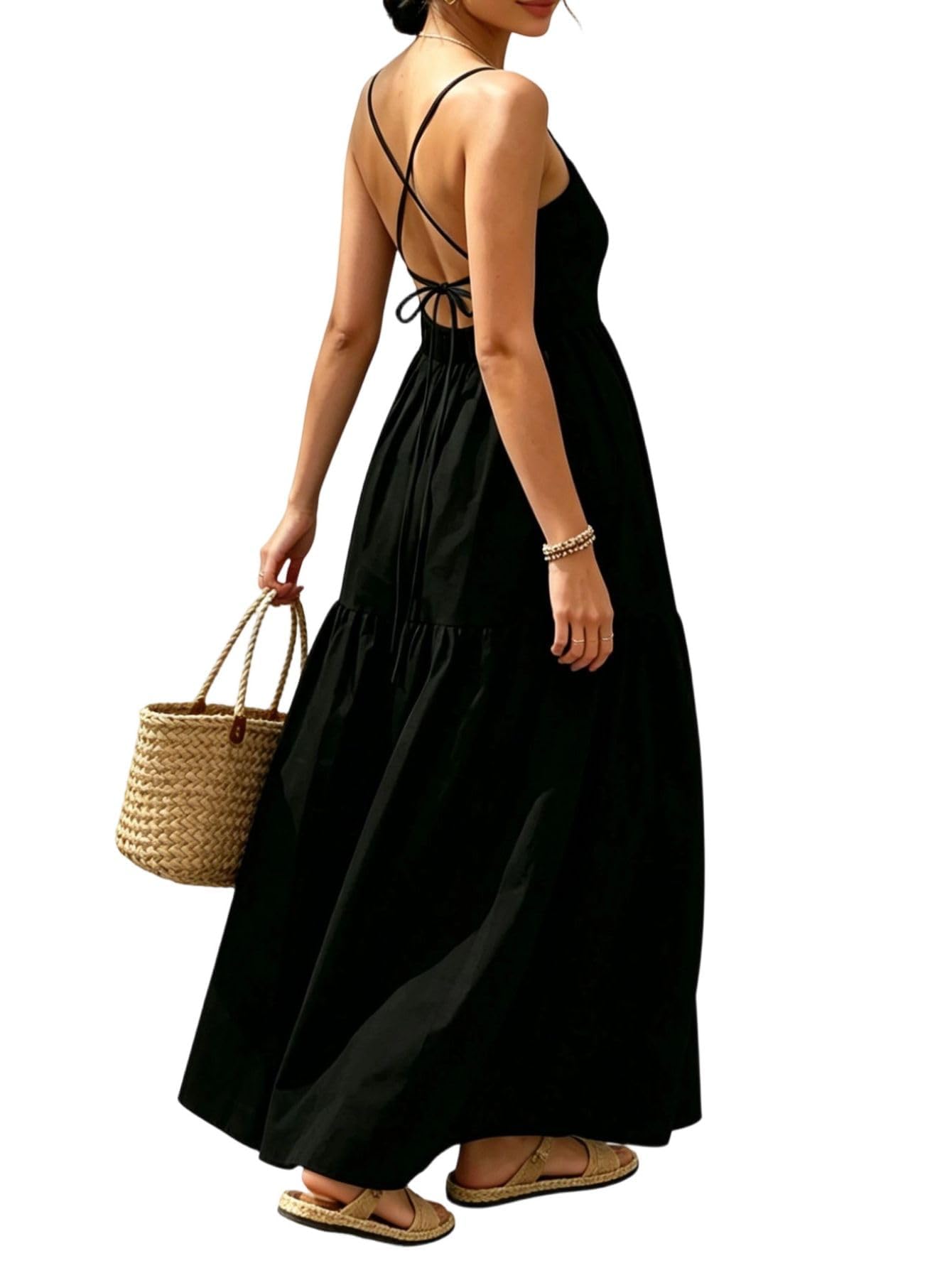 SHENHE Women's Backless Cami Dress Criss Cross Open Back Flowy Sundress
