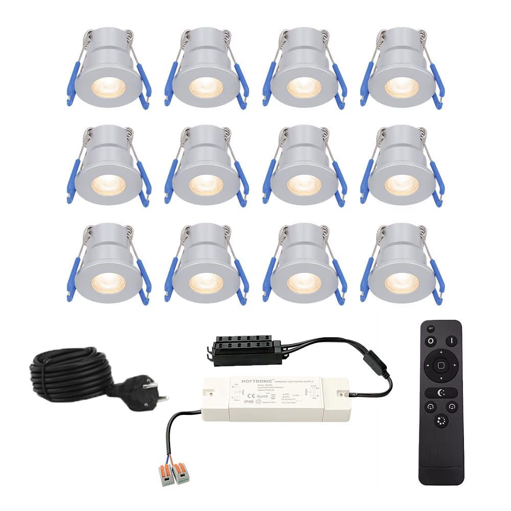 HOFTRONIC - Milano - 12er LED-Einbaustrahler 12 Volt - Beleuchtung Terrassenüberdachung - Dimmbar - Komplettset mit Fernbedienung - 3W - Plug & Play - 2700K 200lm - IP65 wasserdicht - Edelstahl