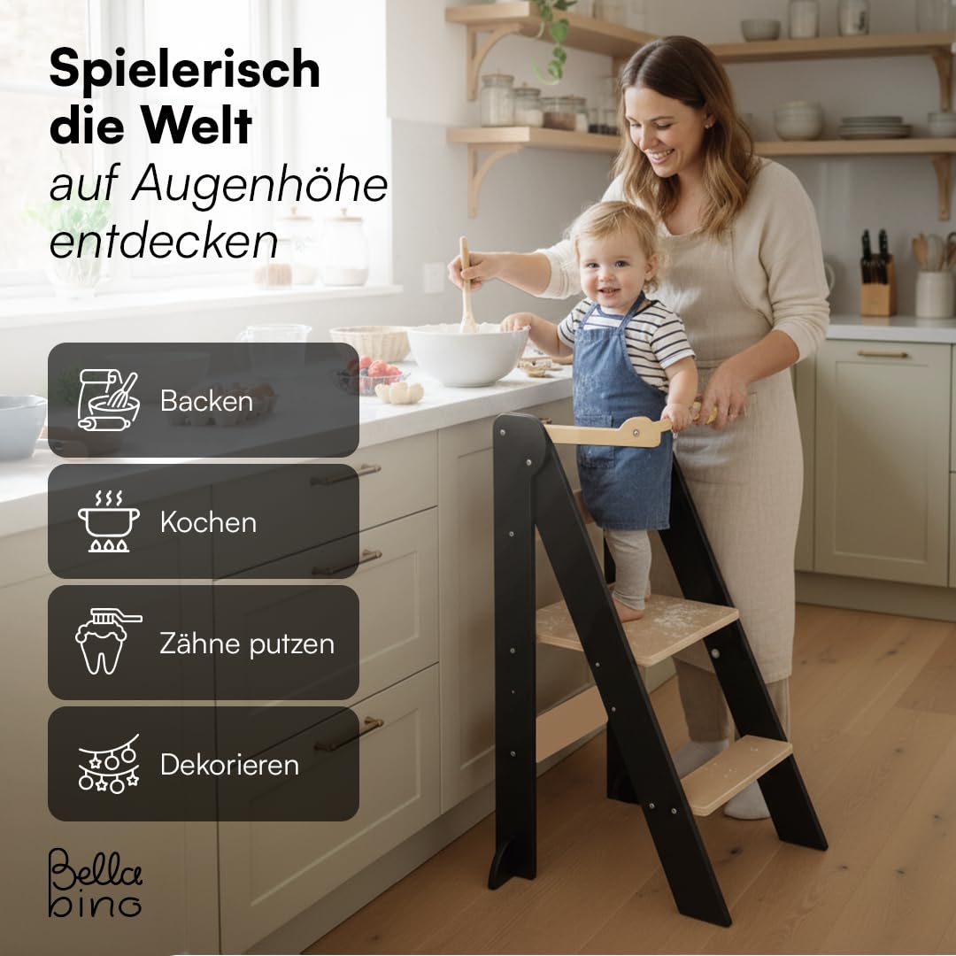 Bellabino Tay Lernturm ab 1 Jahr – Learning Tower 2-Fach höhenverstellbar & klappbar – Lernstuhl in Grau/Natur für Kinder – Montessori Stehturm aus Birkenholz – sicherer Tritthocker mit Kippschutz