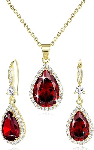Sumonyo Juego de joyas para mujer, collar con colgante de lágrima chapado en plataoro, aretes colgantes, juegos de piedras natales, diamantes de