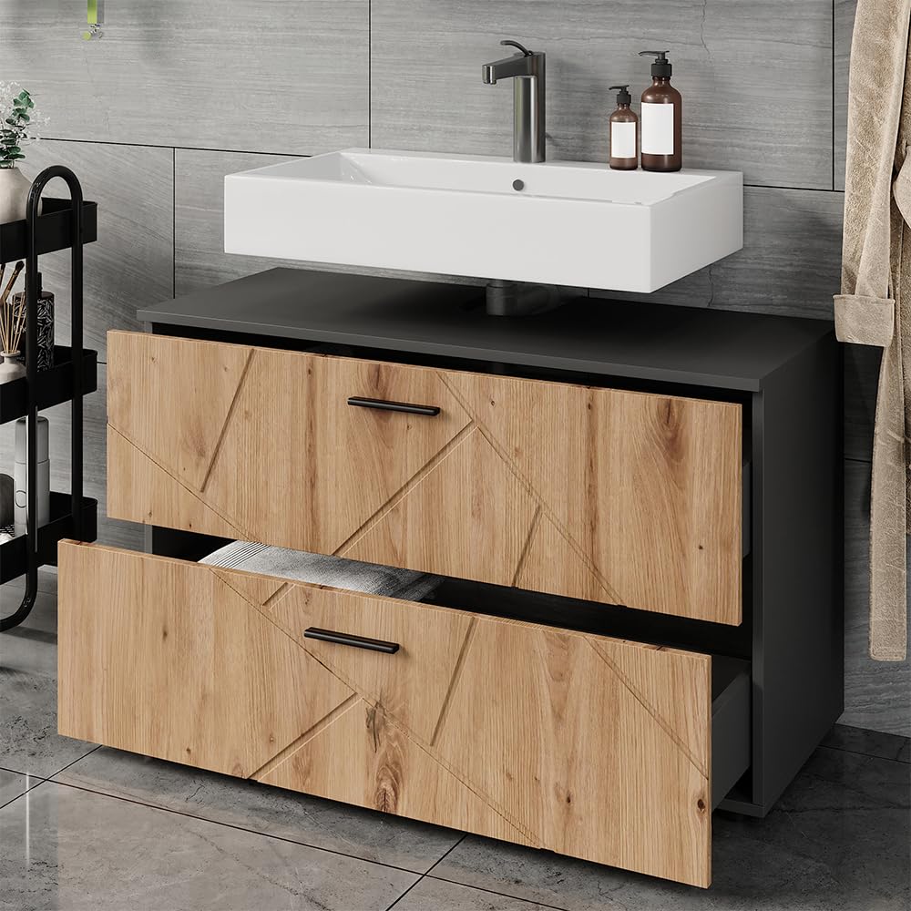 Vicco Meuble sous Vasque Irma, Anthracite/Chêne de Force doré, 100.1x60.6cm avec 2 tiroirs, Convient aux lavabos Standards avec découpe pour Siphon