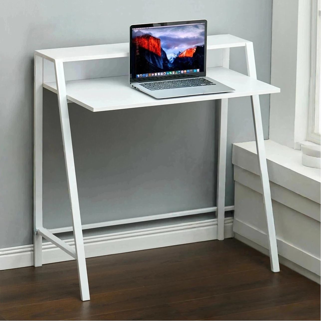 Small Desk, 32 Inch Small Computer Desk for Small Spaces, Compact Desk with Storage, Tiny Desk Study Desk with Monitor Stand for Home Office, White