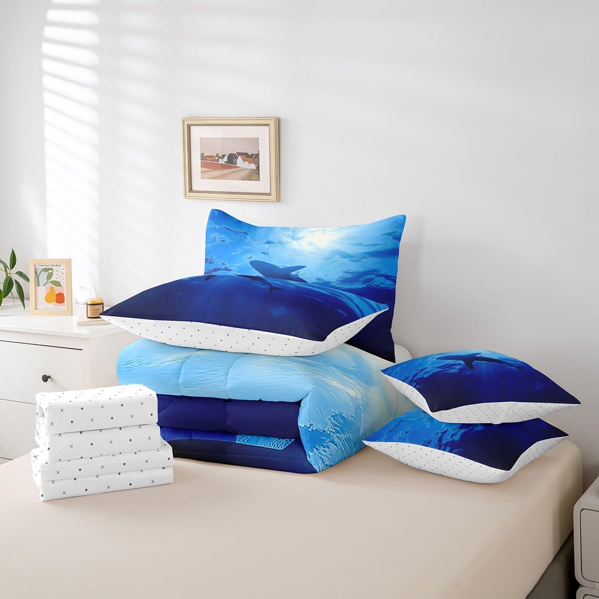 Erosebridal Shark 7 Piece Comforter Set Queen Size,Ocean Life Underwater World Bed in a Bag with Flat Sheet and Fitted Sheet,Watercolor Sea Wave Ombre Gradient Bedding Set with Pillowcase & Sham