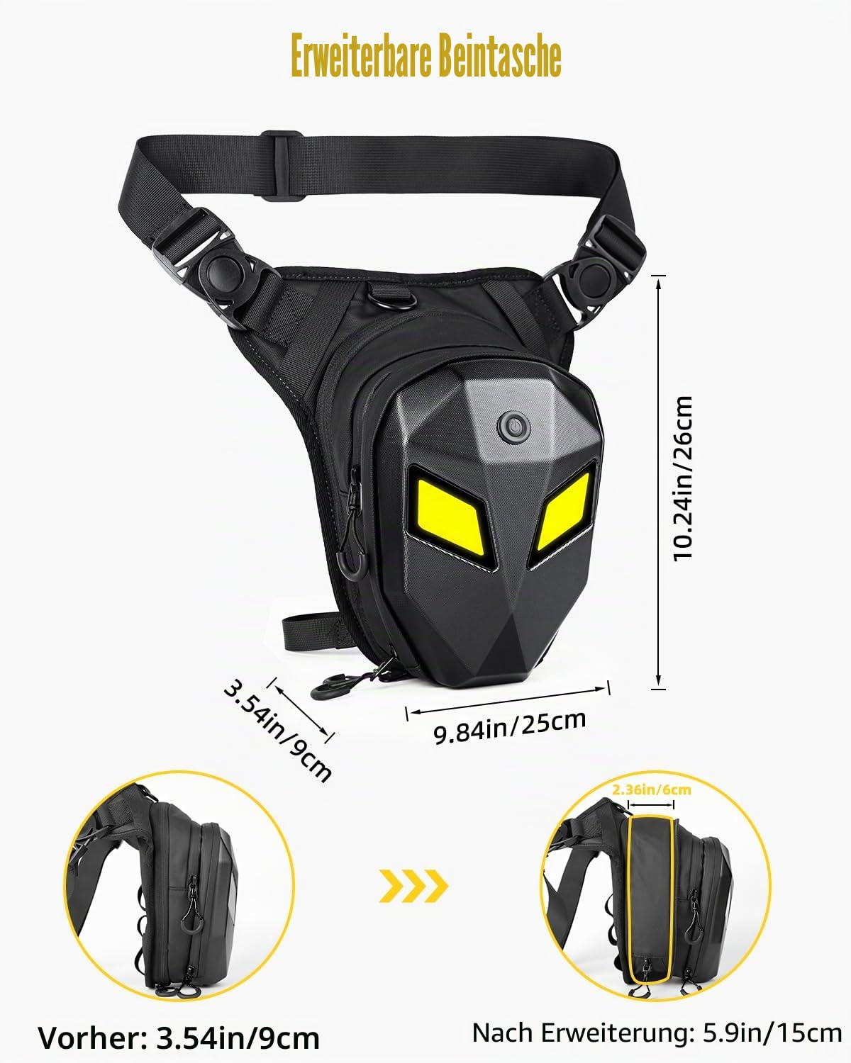 Devil's Eyes Motorrad-Beintasche für Damen & Herren, abnehmbare Gurte, Hartschale, multifunktional für Outdoor, Radfahren & Laufen, mit Mehreren Fächern (Powerbank Nicht enthalten)