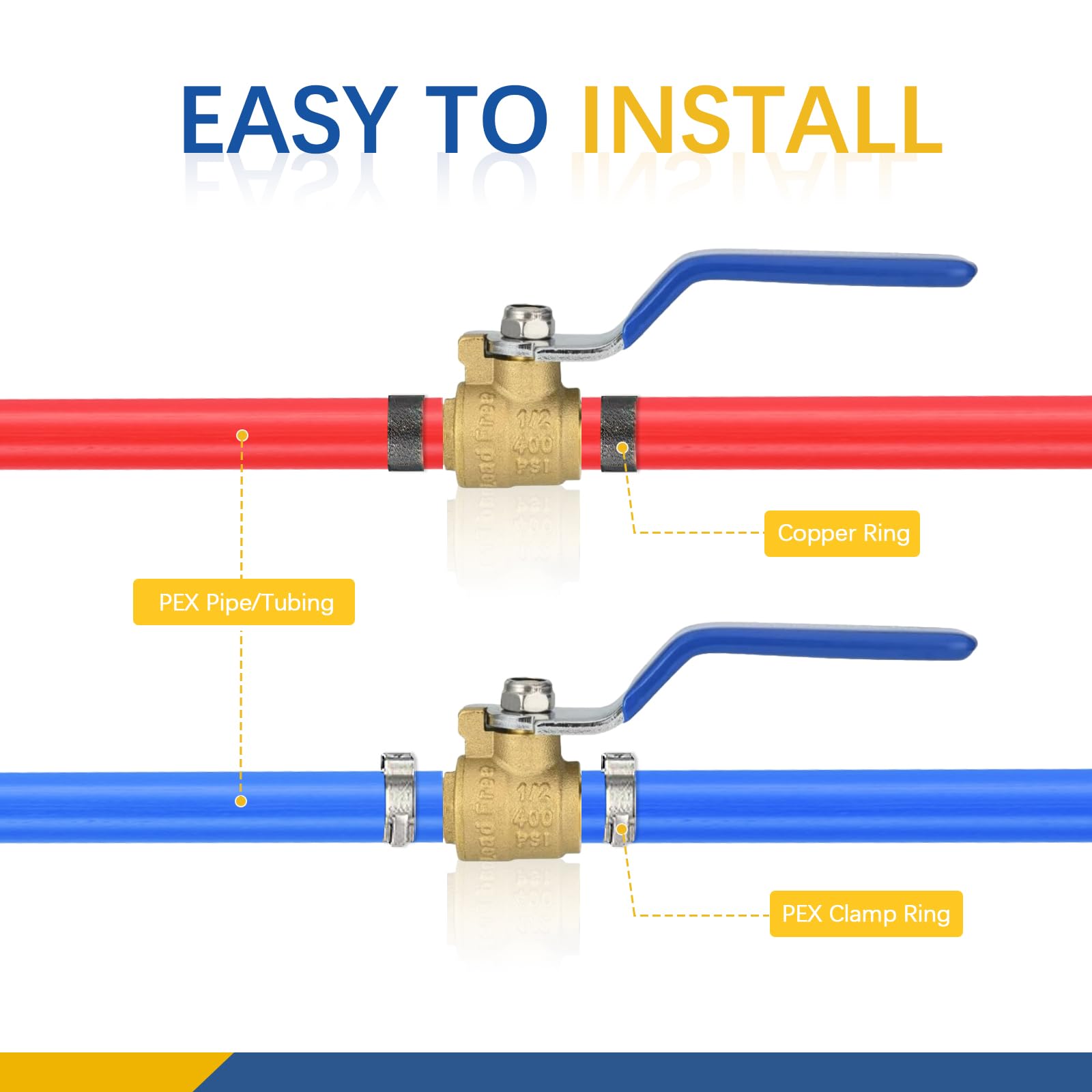 Válvula de Bola de crimpado PEX, válvula de Cierre de Paso Completo PEX de 1/2 Pulgada (Paquete de 2, manija Azul) (VALVE009-2Pack)