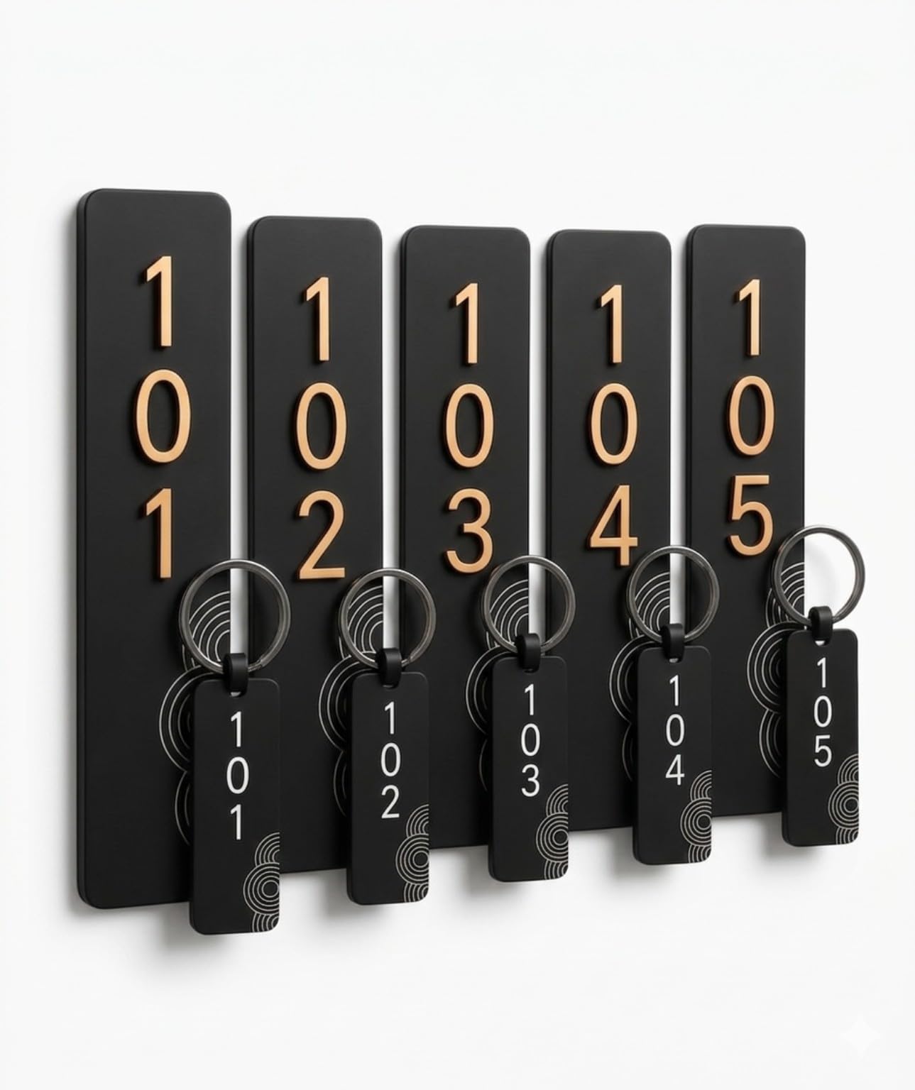 Hotel Room Number Sign and Keychain Set, Black with Gold | Matching Door Plate, Numbered Tag Included, Metal Key Ring, Decorative Pattern, Modern Design-image-3