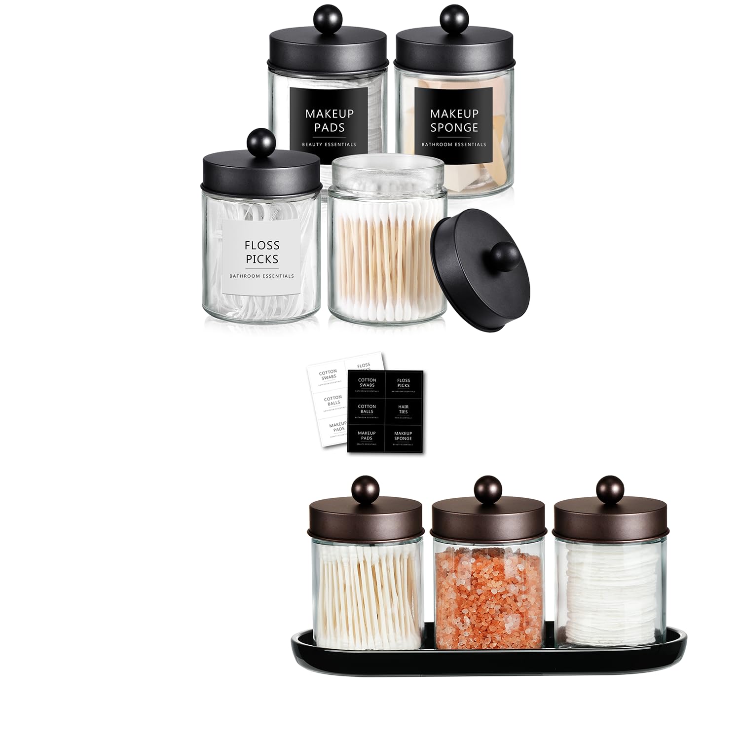 SheeChung Qtip Dispenser Holder Glass apothecary jars with Acrylic Vanity Tray Countertop Canister Guest Bathroom Essentials Storage Organizer