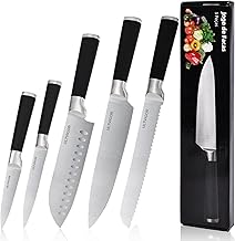 Conjunto de Facas 5 Peças, 4CR13 Aço Inoxidável Afiado e Durável, Cabo antiderrapante, Corte Preciso para Cozinhas Domésticas, Inclui Faca de Chef, Santoku (Preto)