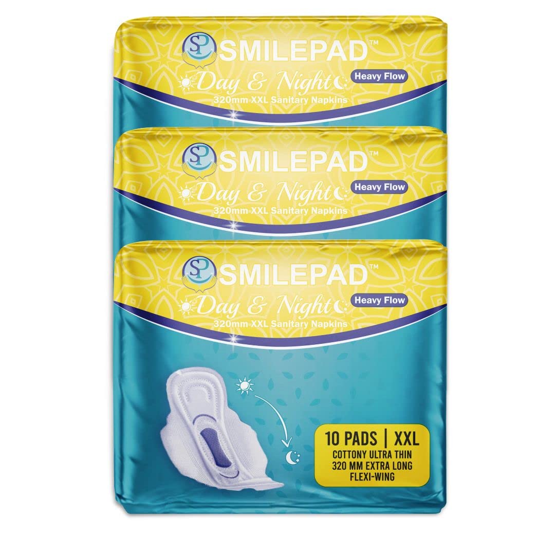 Smilepad Day and Night Sanitary Pads for Women - Ultra Thin, XXL, Flexi Wings, Pack of 3 (30 Pads) - Just One for The Day and One for The Night