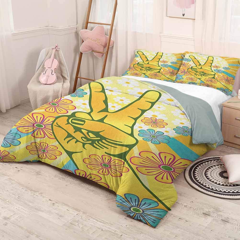 prunushome Groovy Duvet Cover SetHand Gesturing Symbol of Peace with Flowers and Sunbeams Funky Modern Art Lightweight Yellow Blue Pink 90x90in/20x30inx2