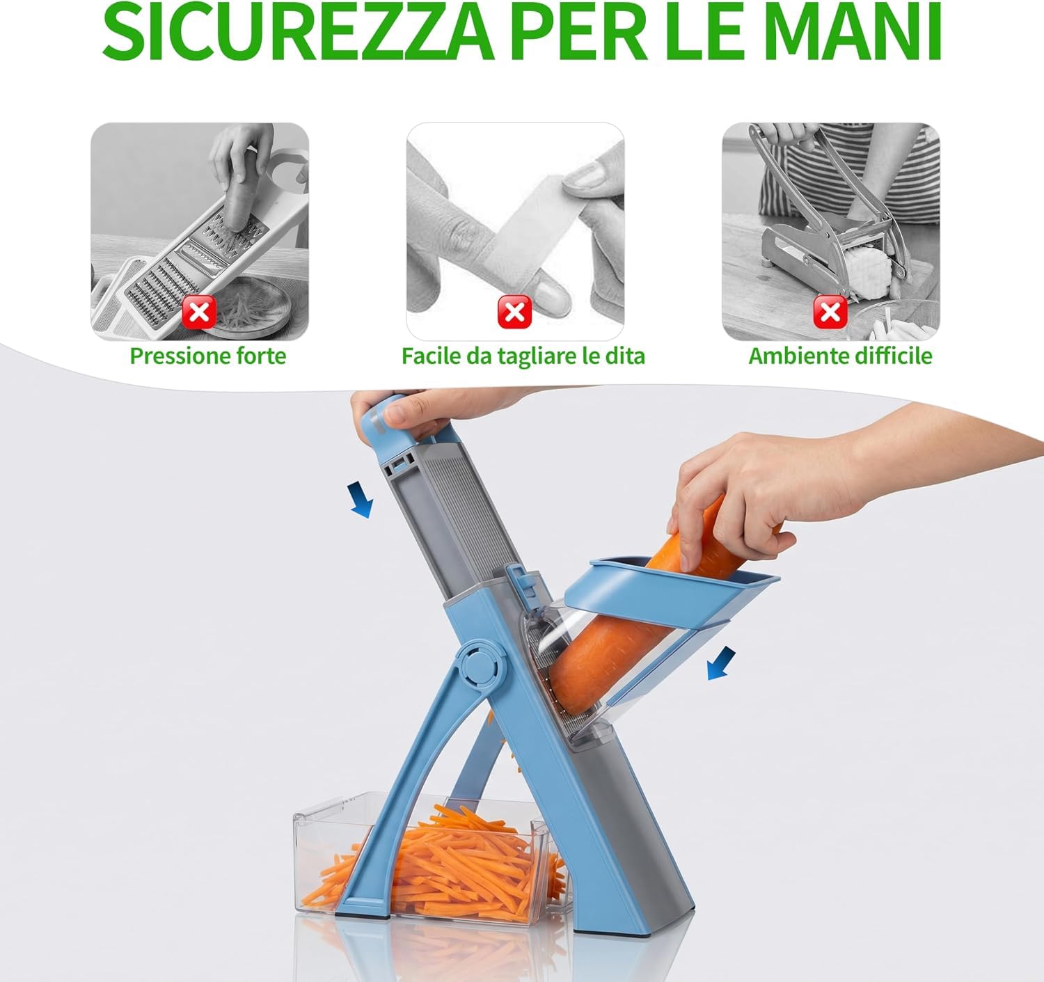 Affettatrice Professionale Mandolina di Verdure, Affettatrice Manuale Verticale con Lame in Acciaio Inox, Spessore Regolabile per Patate Cipolle, Tritaverdure Multifunzionale per Cucina (Blu)