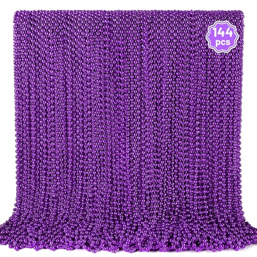 144 PCS Purple Bead Necklace Purple Mardi Gras Beads Halloween Beads Necklaces 33 Inch Round Beaded Necklace Costume Necklace for Mardi Gras Christmas Halloween Party Favors Mothers Day Decor