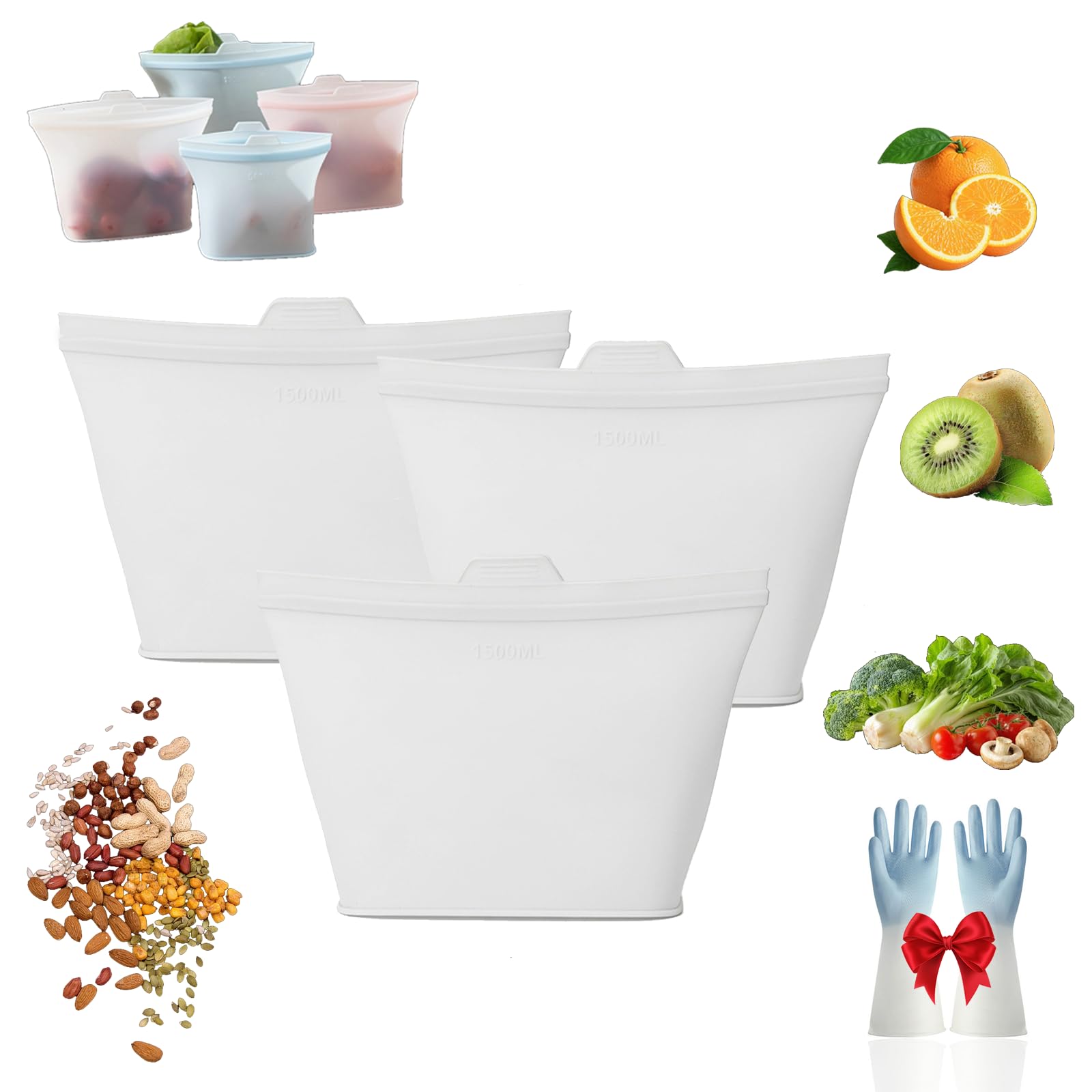 Bolsas de Silicona Reutilizables para Alimentos (500/1000/1500 ml), Bolsas Herméticas Antifugas para Congelador y Microondas, Conservación de Comida (0.5L+0.1L+0.15L-A)