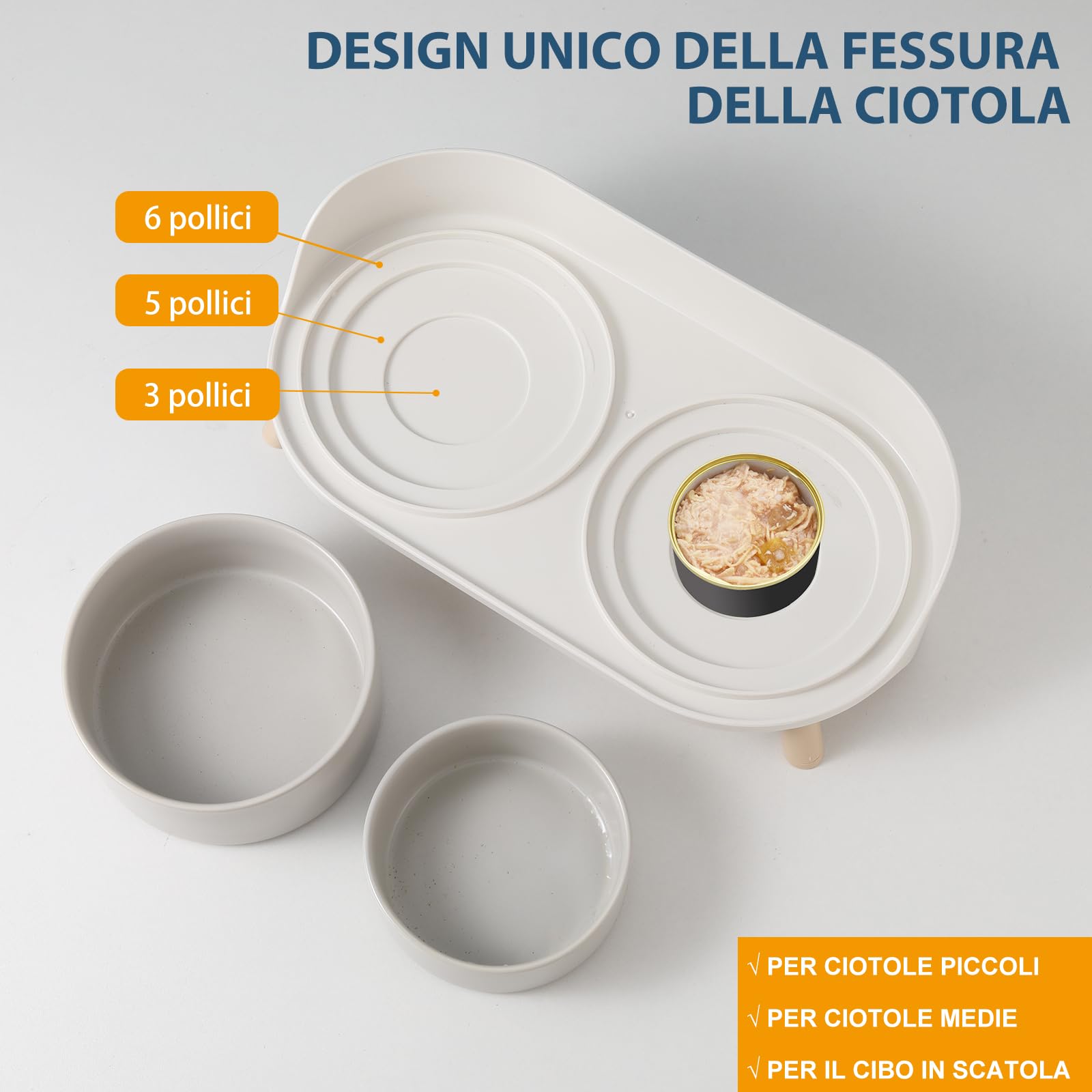 Ciotole Rialzate per Cani in Ceramica - Set Doppio con Supporto Antischizzo e Base Antiscivolo - Ciotole per Cibo e Acqua per Cani Piccoli e Medi e Gatti Grandi - 2 x 720 ml - Grigio