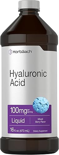 Horbäach Suplemento líquido de ácido hialurónico | 100 mg | 16 oz | Sabor mixto de bayas | Fórmula sin OMG y sin gluten