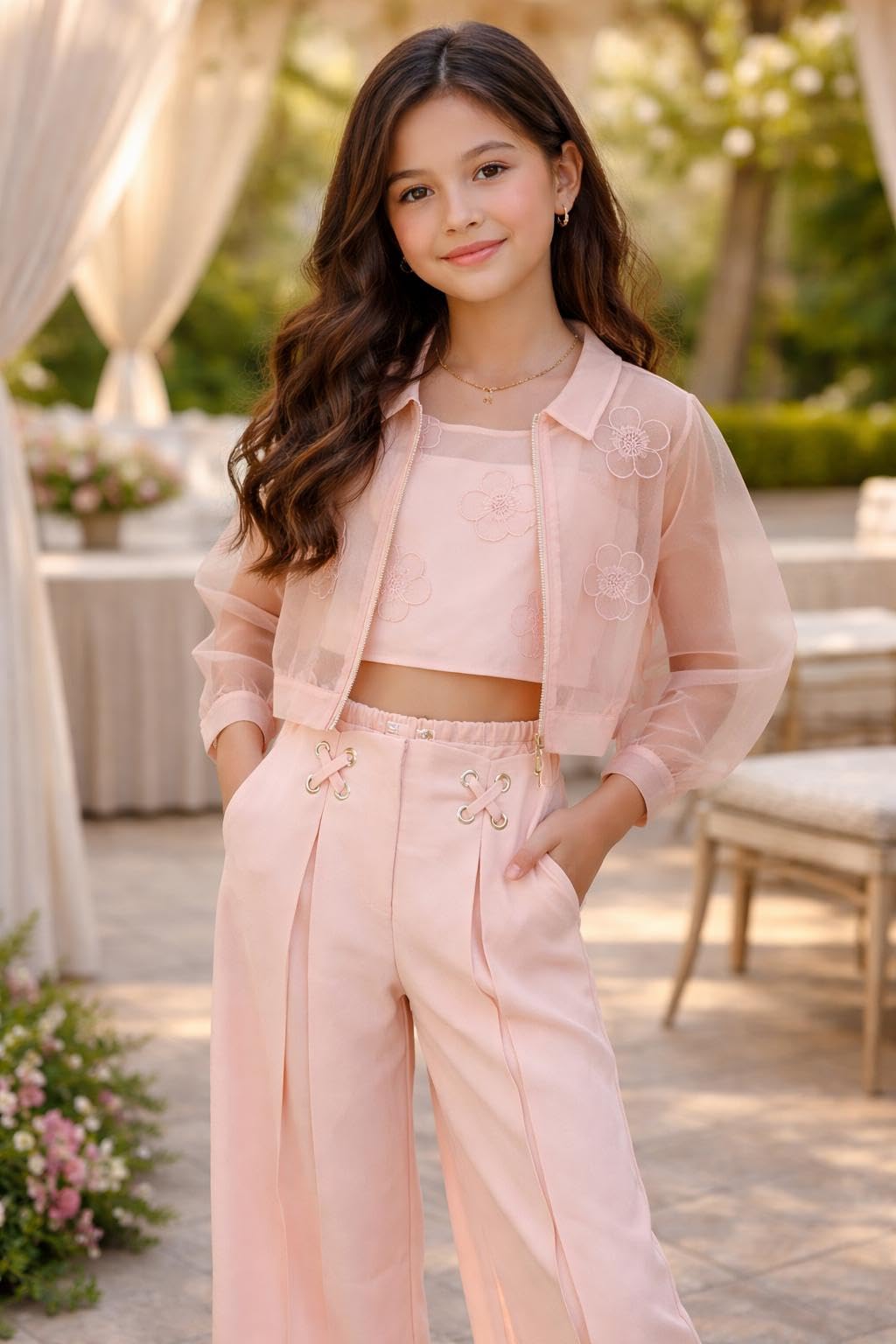 Completo cerimonia Abel & Lula con pantalone, top e giacchina chiffon e voile salmone ragazza 8 anni - 128 cm