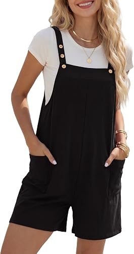 Rooscier Women's Square Neck Button Straps Casual Rompers Jumpsuit with Pockets 