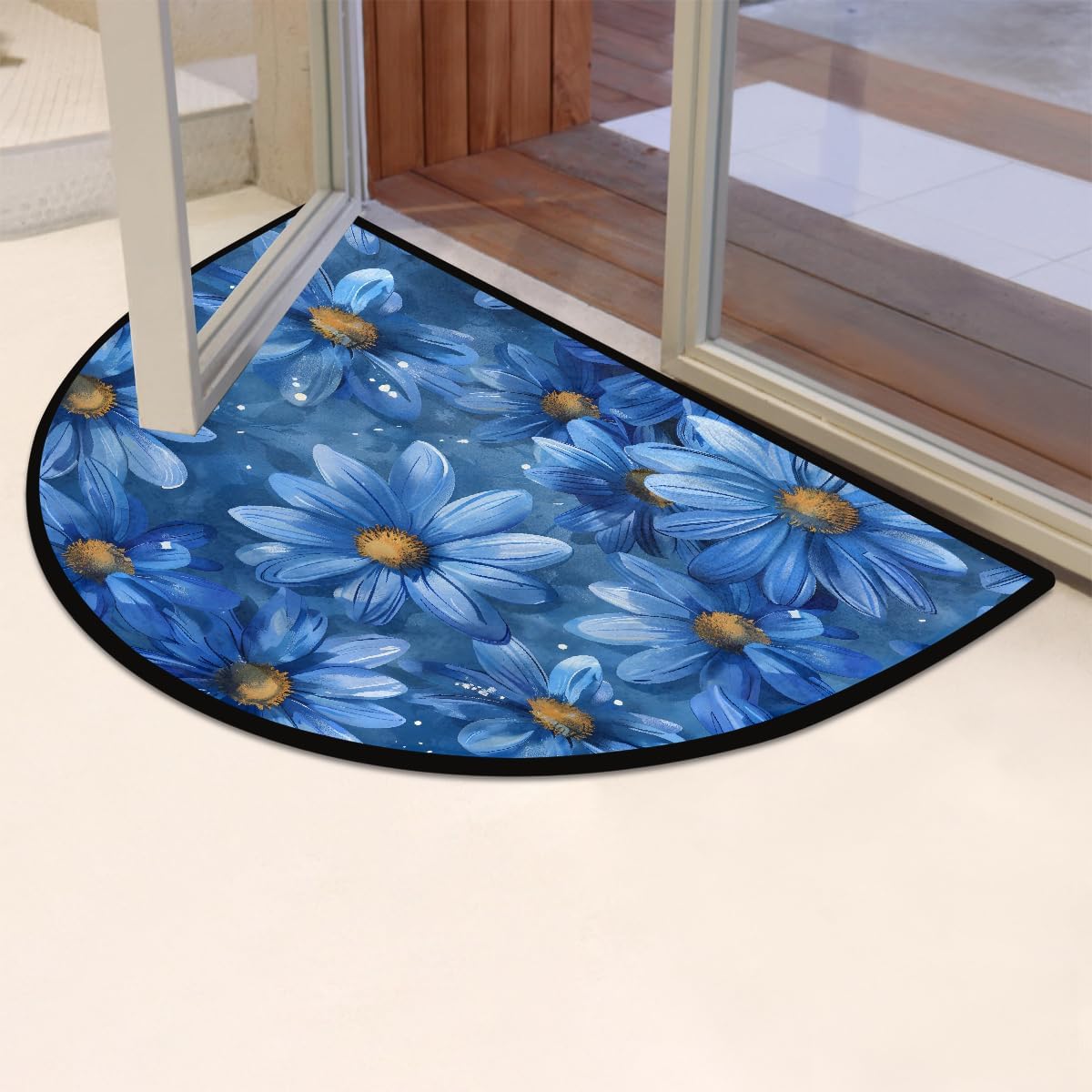 Half Round Door Mat Blue Daisy Flower Half Moon Rug Washable Half Circle Area Rugs Indoor Entrance Non Slip Semi Circle Bathroom Rugs Floor Carpet for Kithen Bedroom Fireplace Decor