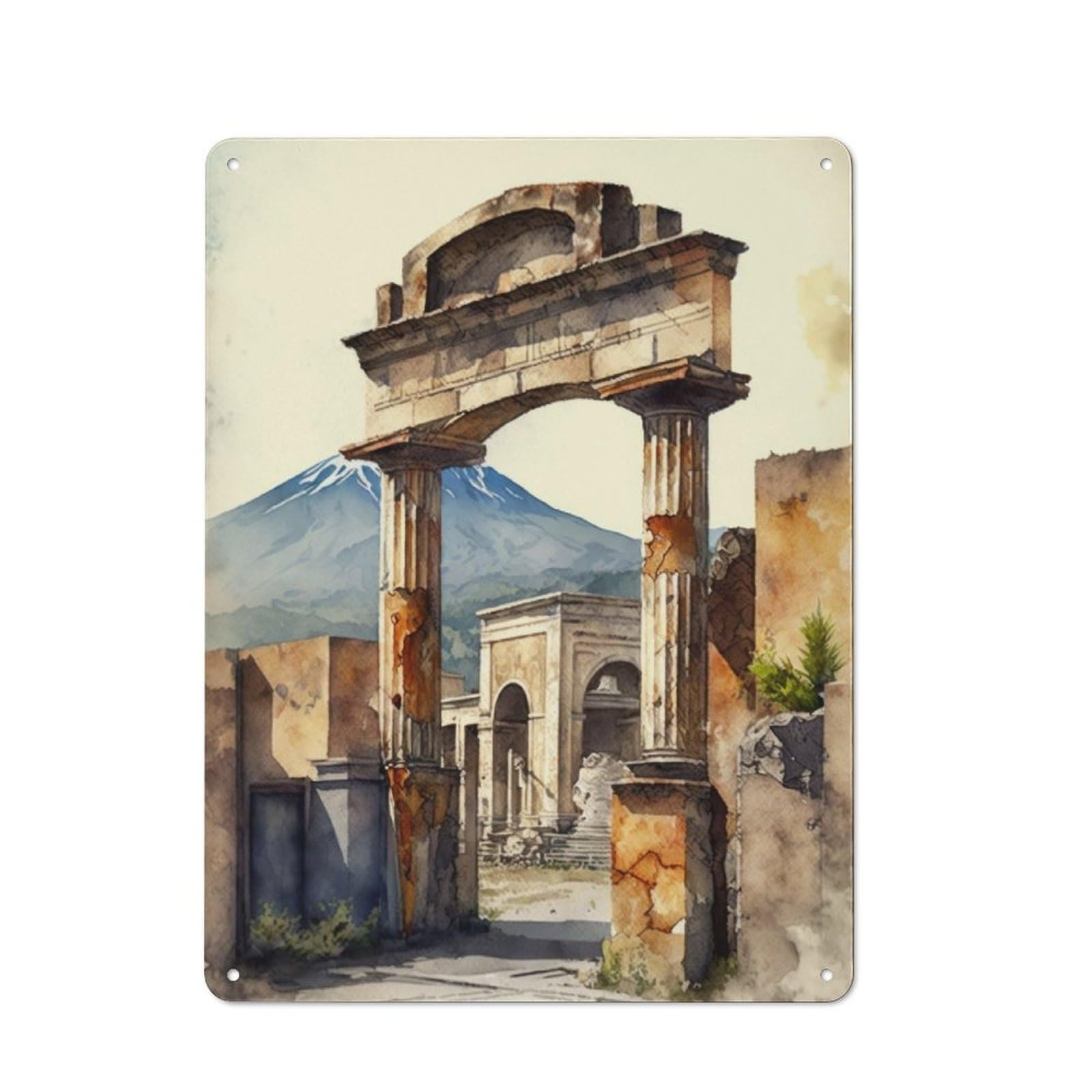 Junmoney Pompeii Ruins In Watercolo Retro Metal Sign With Design 40X30cm, Weathered Look Shed Wall Plaque For Garage, Workshop, Shed Or Utility Room