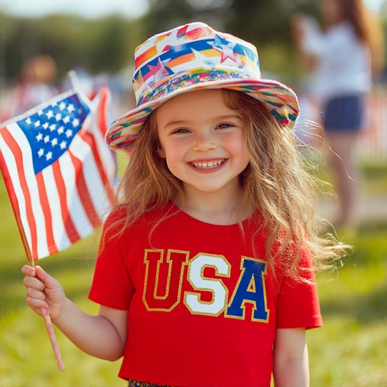 HH Family 4th of July Shirts for Girls Patriotic Crop Top USA Flag Letters Short Sleeve Tops4