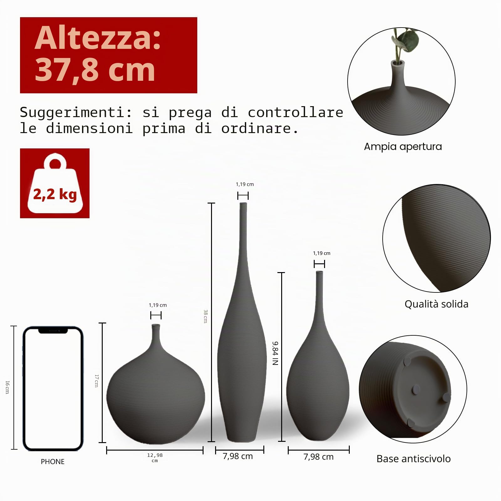 Relexome Vaso in Ceramica Nero Moderno Boho Wabi-Sabi Set di 3 Vasi Decorativi Estetici per Centrotavola Vasi Minimalisti Opachi per Soggiorno, Tavolo, Mensola, Decorazione della Casa, Regalo