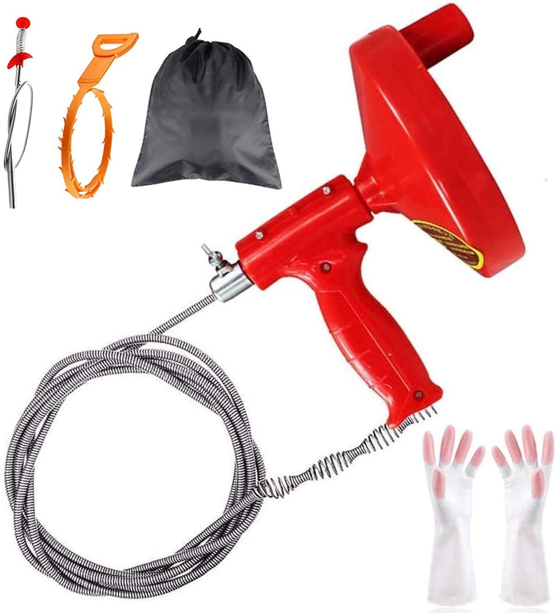 drain clog remover,Clogged Drain Cleaning Spring-Drain Auger Clog Remover Use For most of The Clogged Sewers/Bathtub Drain/Kitchen Sink Open,Drain Clog Remover with Work Gloves and Storage Bag (16ft)