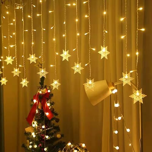 LED Schneeflocke Vorhang Lichter,4Meter led Lichtervorhang fenster led mit 8 Modi Für Innen Außen,140 LED Wasserdicht Lichterkette Schneeflocke Lichterketten für Weihnachten,Party,Hochzeit(Warmweiß) Cover