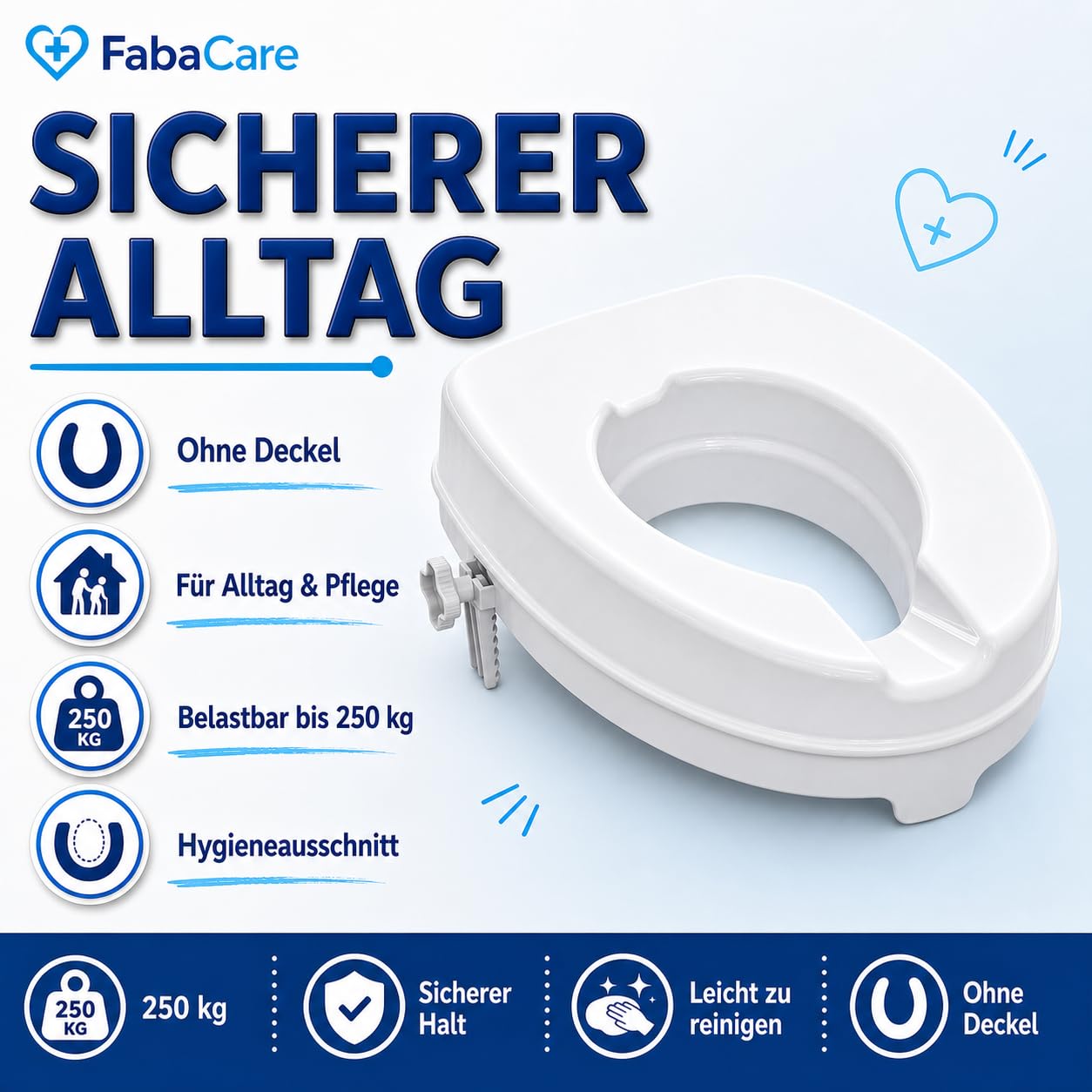 FabaCare Toilettensitzerhöhung Smart 10 cm ohne Deckel, 250 kg belastbar | WC-Erhöhung mit Hygieneausschnitt, Fixierschrauben und rutschsicherem Toilettenaufsatz