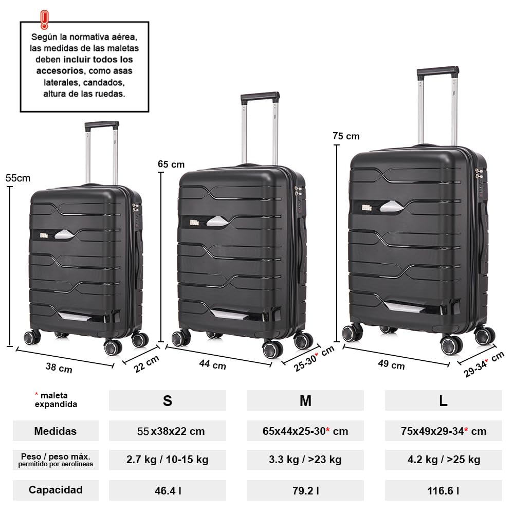 1990s Juego de Maletas expandibles Polipropileno 3 Piezas|Maleta Cabina 55x38x22cm|Mediana expandible 65cm|Grande Extensible 75cm (Negro)