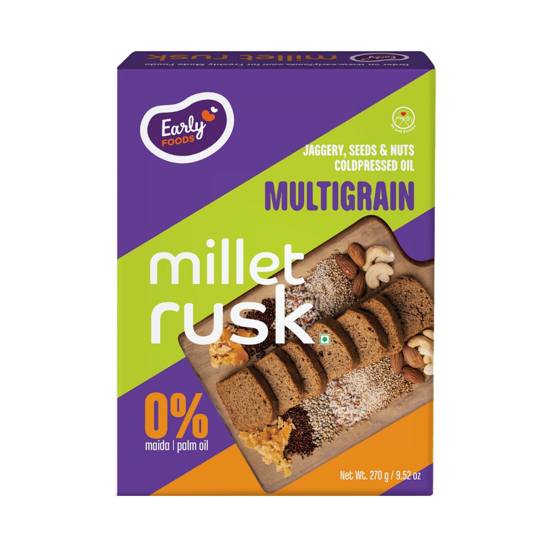 Early Foods - Mulitgrain Rusks | Millet Rusk Sugar Free | No Maida Toast| Rusks for Kids | Millet Toast Biscuits Rusk 270g
