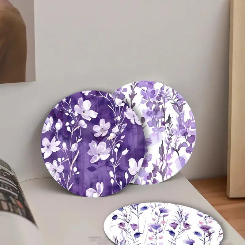 Image of Set of 6, 3.94X3.94 Inches, Spring Purple Floral Themed Wooden Coasters, Spring Purple Flower Art Coasters, for Friends and Family for Patio Tables, Kitchens Living Rooms