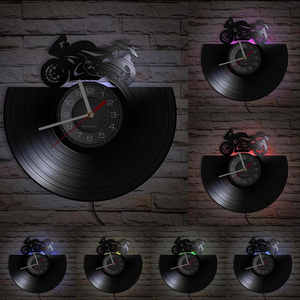 Orologio da parete in vinile, orologio analogico a forma di moto da corsa, con luce notturna a LED, decorazione da parete regalo.