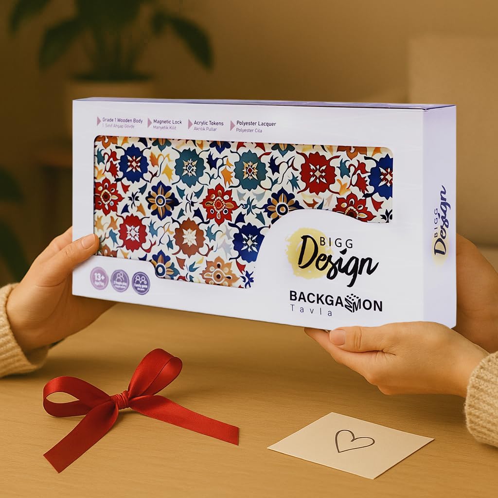Biggdesign Bloom Backgammon Set aus MDF, Magnetverschluss & Spielsteine | 16 mm MDF-Korpus, Coex-Cellophan-Spielfläche, 36 mm Spielsteine, 9 mm Würfel, für Erwachsene, Made in Türkiye