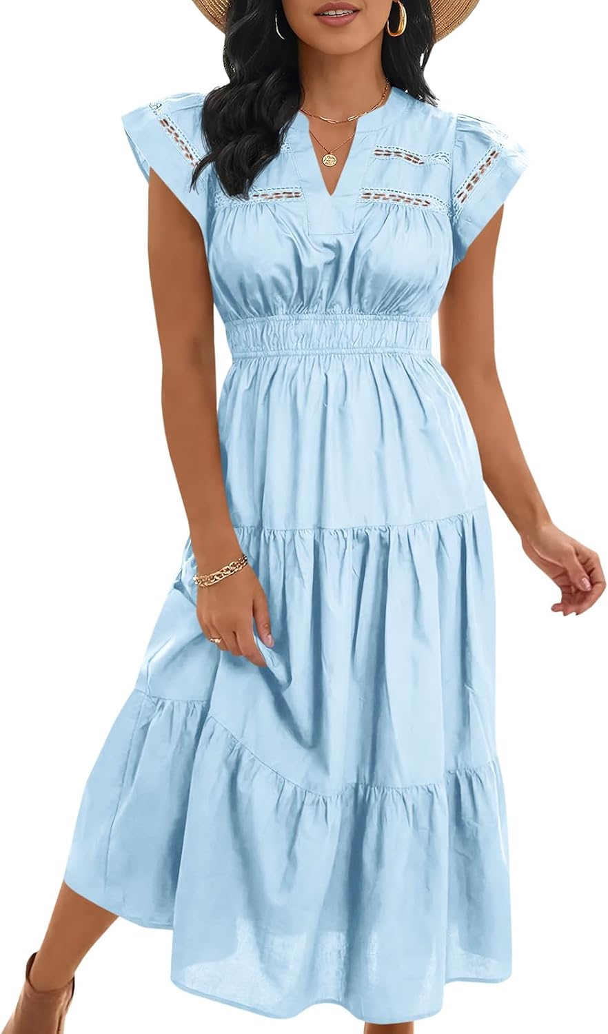 Wenrine Womens 2026 Summer Dresses V Neck Ruffle Cap Sleeve Empire Waist Flowy Beach Midi Maxi Dress with Pockets