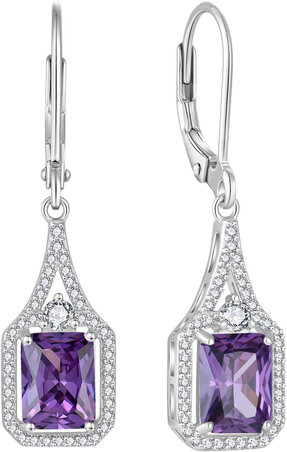 Emerald Cut Dangle Drop Earrings 925 Sterling Silver Halo Rectangular Leverback Earrings Birthstone Jewelry for Women