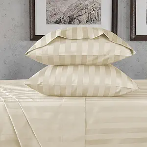 URBANHUT 800 Thread Count Egyptian Cotton Damask Striped King Size Sheets Set (4 Pc) - Ultra Soft & Smooth, Sateen Weave King Size Sheets, Luxury Hotel Sheets with 16" Deep Pocket - Ivory