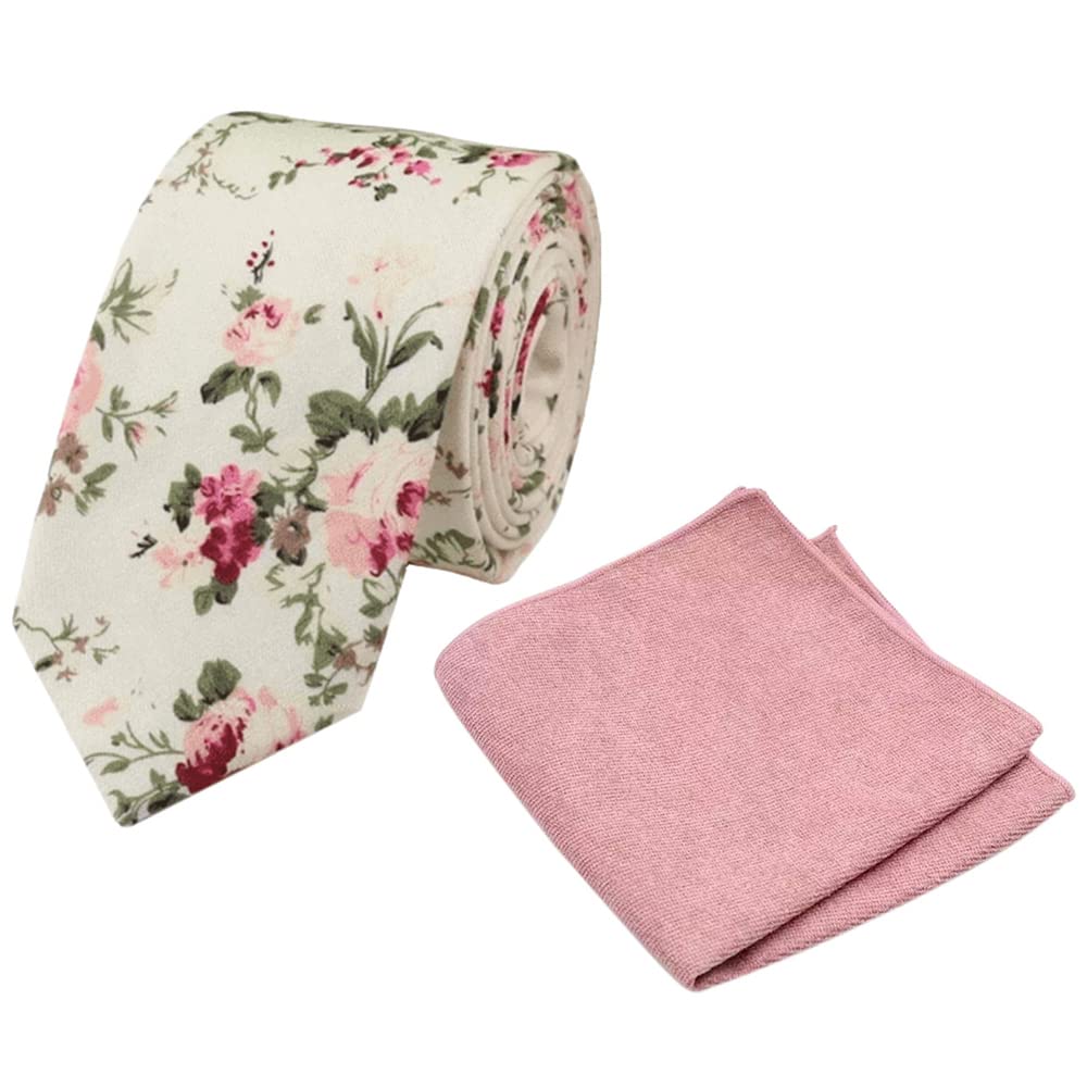 Db Dickie Bow Men's Cream Floral & Dusty Pink Luxury Floral Cotton Skinny Neck Tie & Pocket Square Set (Cream Floral & Dusty Pink) - Suitable For Formalwear, Office, Weddings, Parties, Grooms & Grooms Outfits